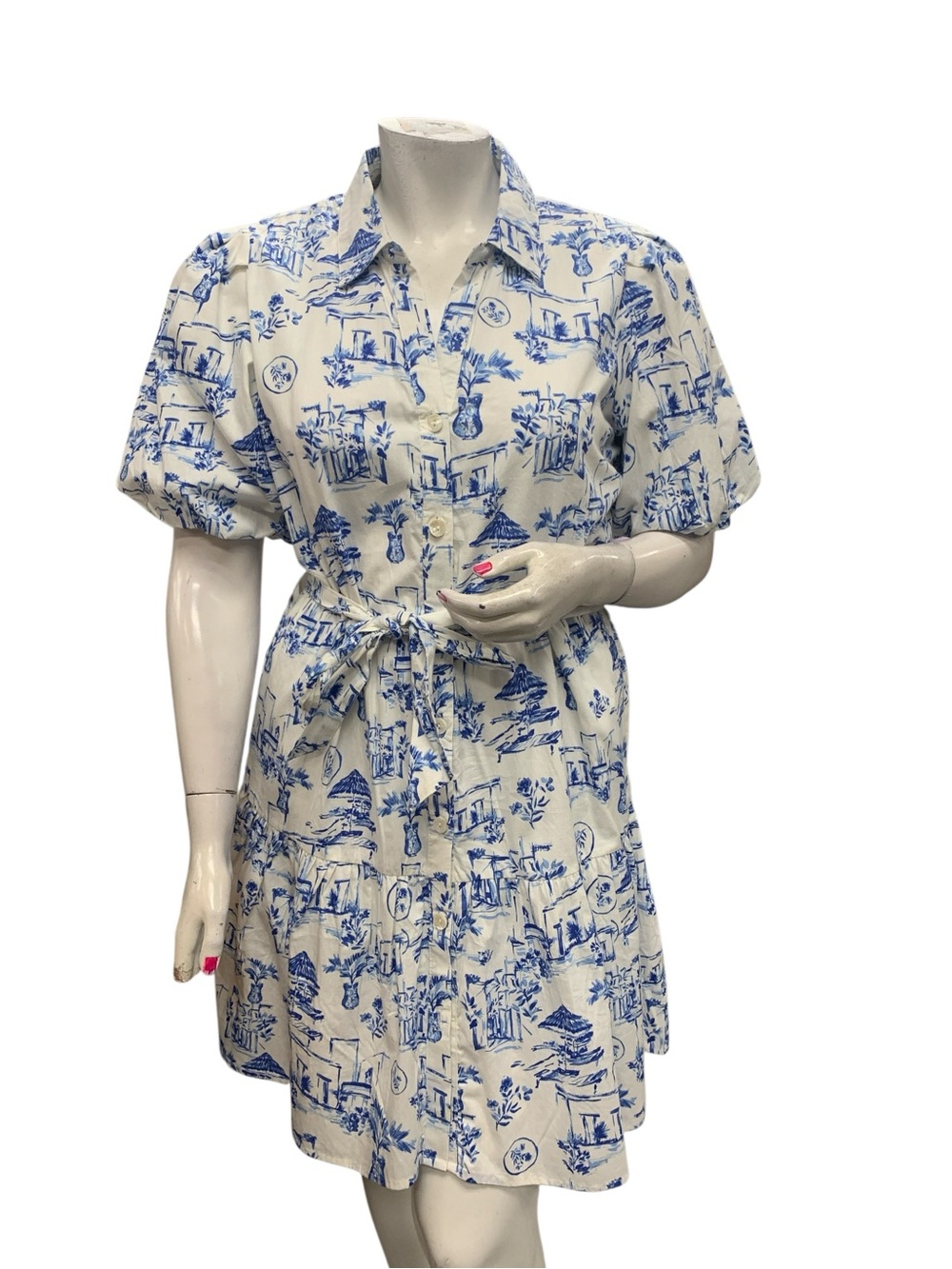 Sincerely Jules Blue & White Printed Tie-Waist Shirt Dress Size XL